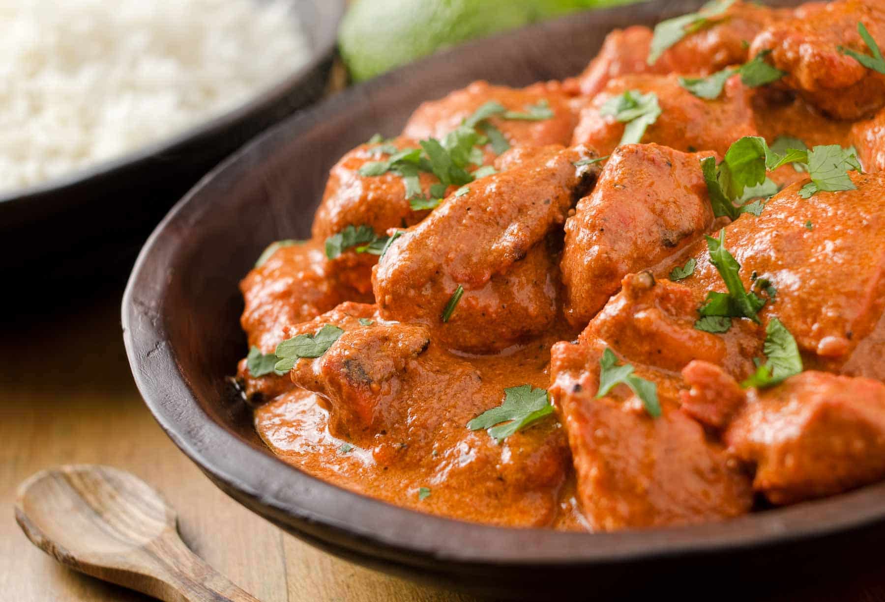 Creamy butter chicken curry with basmati rice.